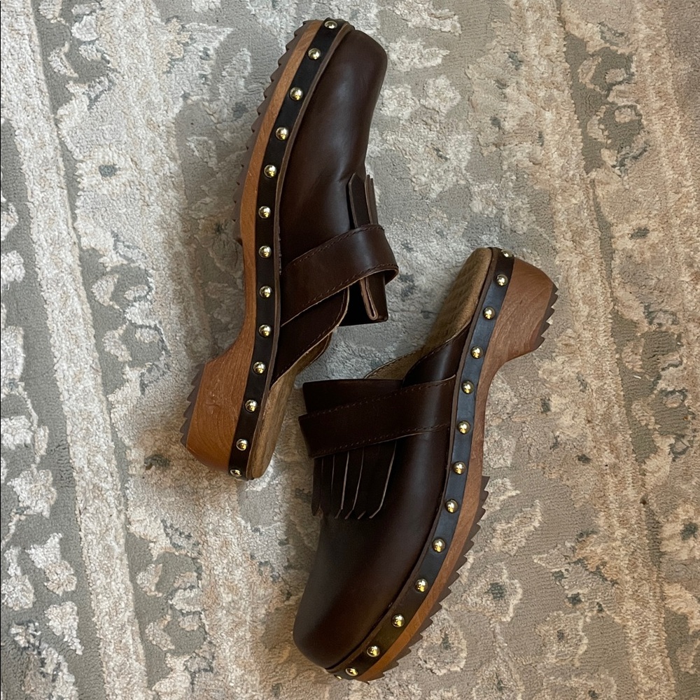 Brown Leather Fringe Clogs